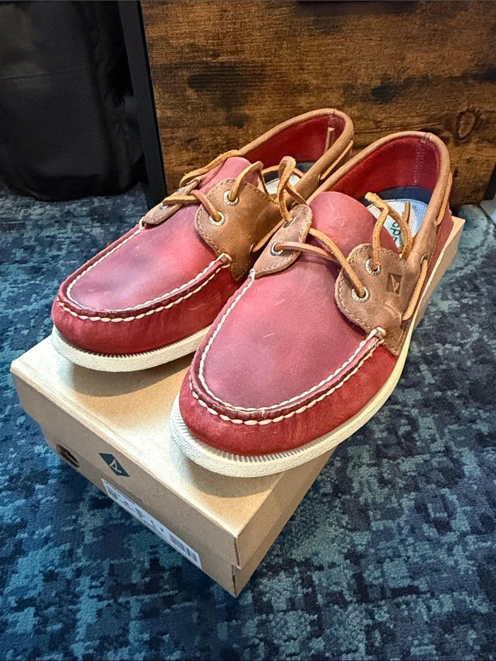 Sperry Red Leather Boat Shoes with Tan Trim